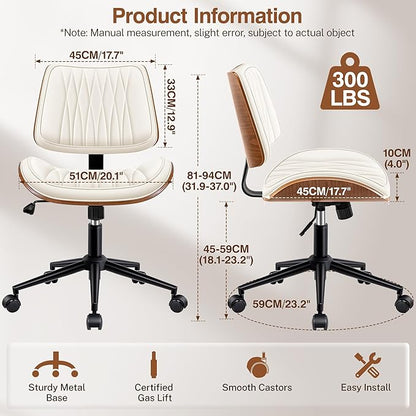 Ergonomic Armless Office Desk Chair - Mid-Century Modern White Faux Leather with Diamond Stitch, Adjustable Height Swivel Rolling Task Computer Chair with Walnut Accent for Home Office, Study & Work