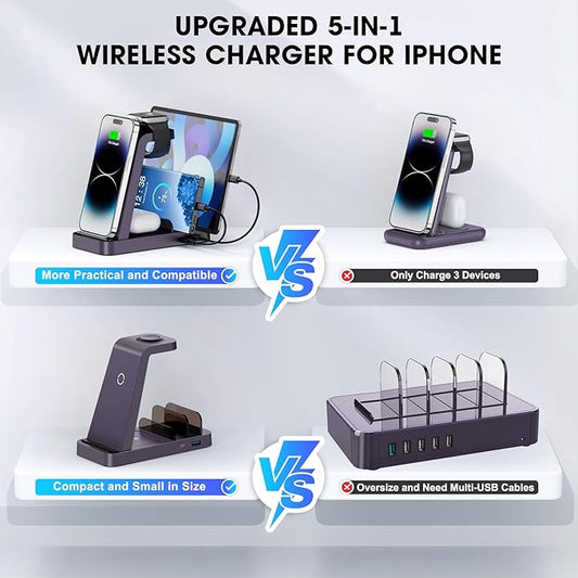 Wireless Charger for iPhone - 5 in 1 Charging Station for Multiple Devices Apple: Fast Wireless Charging Stand Dock for iPhone 17 16e 16 15 14 13 12 Pro Max Apple Watch Airpods (Purple)