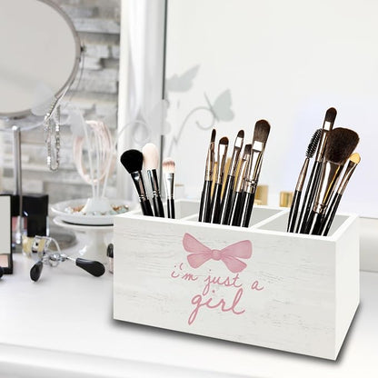 Pink Coquette Bow Preppy Pen Pencil Holder Organizer for Desk, Preppy Desk Decor, I'm Just a Girl Pink Wooden Box Sign for Girly Room Bedroom Dorm Tabletop Decorations