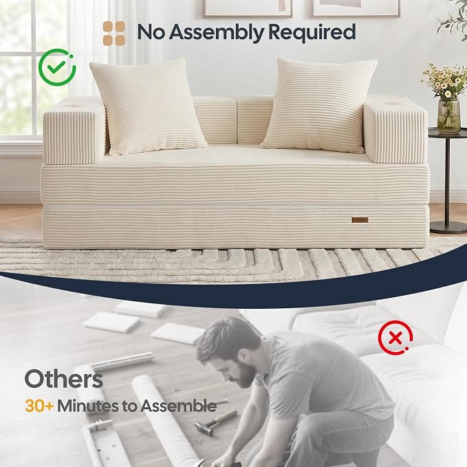 COMAX Futon Sofa Bed, 4‑in‑1 Convertible Sofa Bed, Folding Boneless Couches | Boneless Couch for living room, Fold Out Small Foldable Loveseat Floor Sleeper Mattress Lounge Space‑Saving, Beige