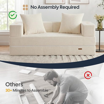 COMAX Futon Sofa Bed, 4‑in‑1 Convertible Sofa Bed, Folding Boneless Couches | Boneless Couch for living room, Fold Out Small Foldable Loveseat Floor Sleeper Mattress Lounge Space‑Saving, Beige