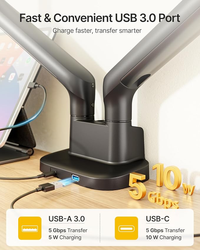 monTEK Dual Monitor Arm with USB, Mechanical Spring Desk Mount for 17 to 35 Inch Screens, Smooth Precision Bearings, Holds up to 26.4 lbs Per Arm, C-Clamp/Grommet Base, Perfect for Office Workspaces