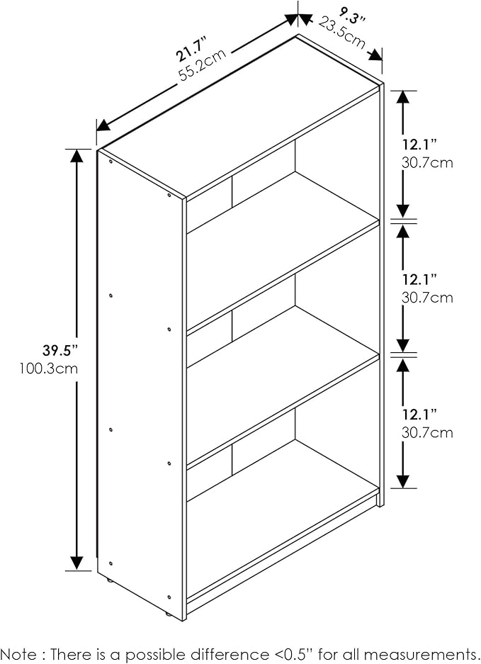 Furinno BASIC Book Shelf, 3-Tier Modern Bookshelf, Bookcase with Open Shelves, 9.3 x 21.8 x 39.5, for Living Room, Bedroom, Home Office, French Oak/Black
