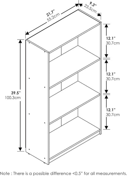 Furinno Basic Book Shelf, 3-Tier Modern Bookshelf, Bookcase with Open Shelves, 9.3 x 21.8 x 39.5, for Living Room, Bedroom, Home Office, Amber Pine