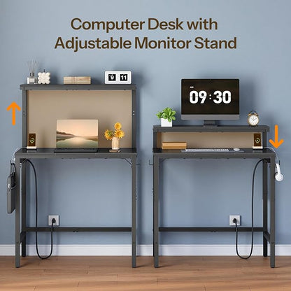HOOBRO Small Computer Desk, 28.3" Desk for Small Spaces, Home Office Desk with Power Outlet & Adjustable Monitor Stand, Compact Desk with Storage, Writing Table for Bedroom, Office, Black BB38UDN01