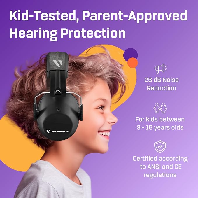 Vanderfields Hearing Protection Ear Muffs - Over 31 dB (2K Hz) Broad Noise Cancelling Sound Reduction Earmuffs for Kids 3-12