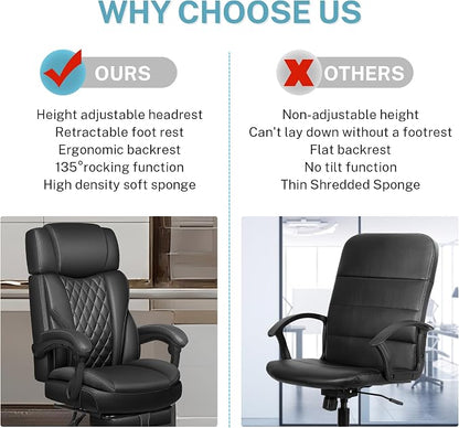 Executive Leather Office Chair, Big and Tall Office Chair with Footrest Home Office Desk Chairs, Ergonomic Computer Desk Chair with Lumbar Support, Reclining Desk Chair with Adjustable Angle
