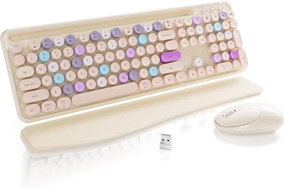 Wireless Keyboard and Mouse, Colorful 104-Key QWERTY with Round Keys, Phone Holder, Wrist Rest, Power Buttons, 2.4GHz USB for PC Laptop (Khaki Colorful)