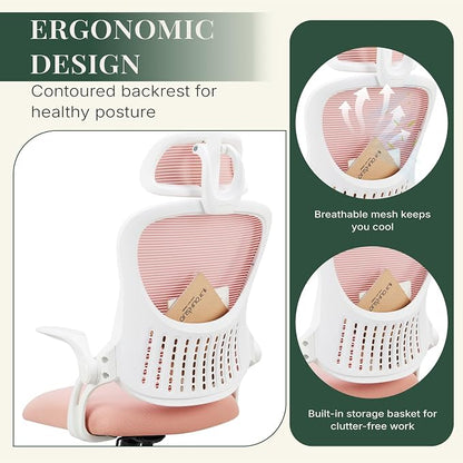 Ergonomic Office Chair, Comfy Desk Chair with Wheels, Adjustable Headrests, Flip-Up Armrests, Breathable Mesh High-Back, Comfortable Swivel Seating for Home Computer, Pink