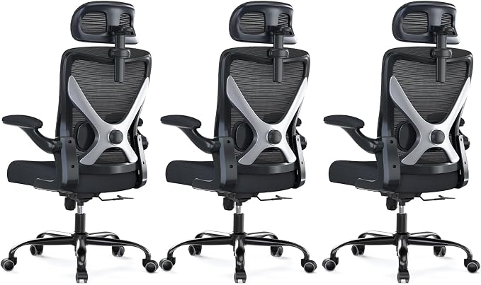 Ergonomic Office Chair - X-Shaped Computer Desk Chair Comfy, Gaming Chair, Office Chair with Lumbar Support, Mesh Office Chairs with Headrests, Desk Chair for Long Hours, Black Silver, Pack of 3