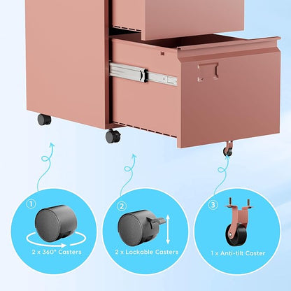Aobabo Rolling File Cabinet with Lock,2 Drawer Metal Filing Cabinet for Home Office & Under Desk, Heavy-Duty Mobile Storage with 5 Wheels (Anti-Tilt), Fits Letter/Legal,Pink,Required Assembly