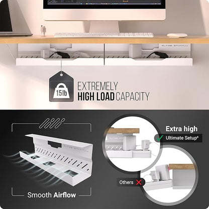 Under Desk Cable Management Tray no Drill – Wire Management - Cord Organizer – Huge Load Capacity – Under Desk Cable Tray no Drill (White, 2 Pieces Set)