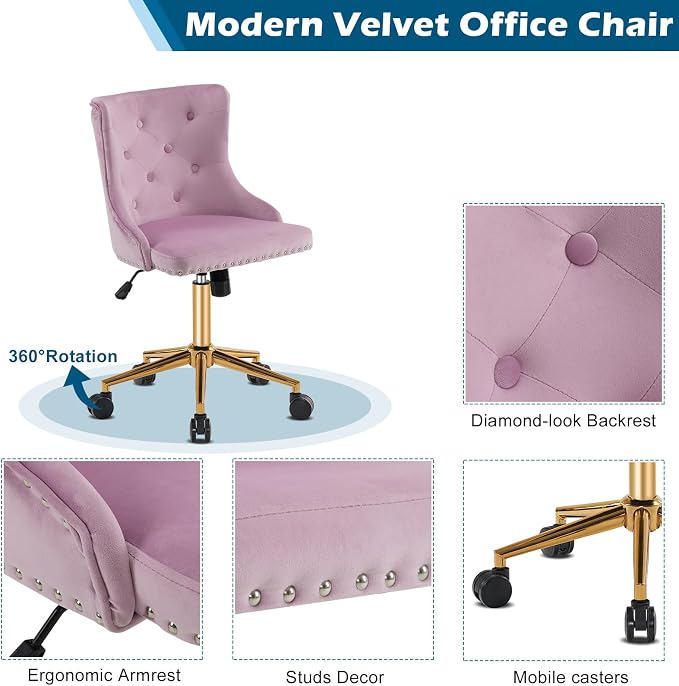 VINGLI Mauve Purple Armless Home Office Desk Chair with Gold Base/Wheels, Small Cute Vanity/Makeup Chair with Back for Bedroom, Upholstered Adjustable Rolling Swivel Nail Chair for Women/Girls