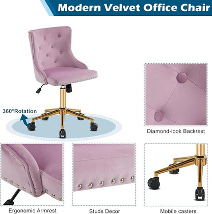VINGLI Mauve Purple Armless Home Office Desk Chair with Gold Base/Wheels, Small Cute Vanity/Makeup Chair with Back for Bedroom, Upholstered Adjustable Rolling Swivel Nail Chair for Women/Girls