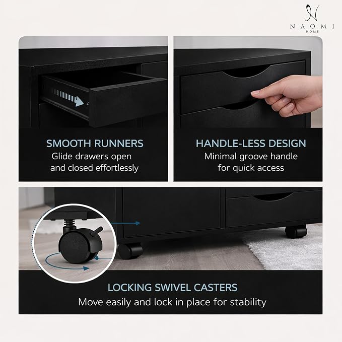 Naomi Home Under Desk Rolling Office File Cabinet with 5 Drawers & Side Storage Cabinet, Mobile Organizer with Shelves & Swivel Casters for Home Office - Black