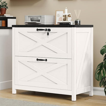 Lateral File Cabinet with 2 Large Drawers, Farmhouse File Cabinet with Lock for Letter/Legal/A4 Size Hanging Files, Wood File Storage Cabinets Printer Stand for Home Office Cabinets, White and Black