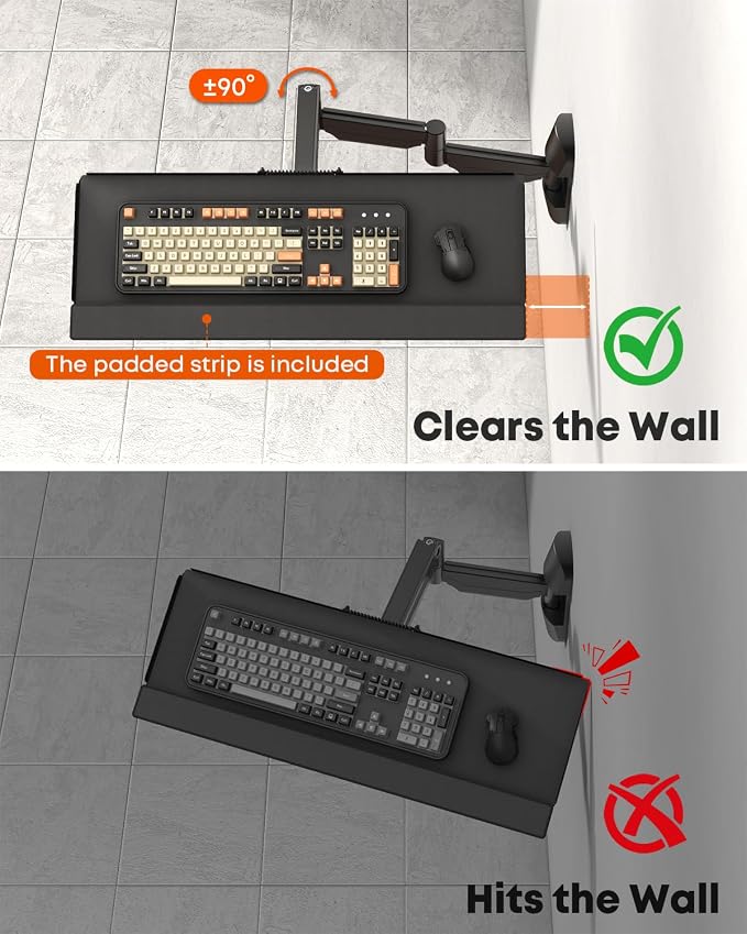 Extra Long Keyboard Wall Mount - 26 Inch Wall Mount Keyboard and Mouse Tray, Full Motion Typing Platform with Spring Arm, Holds up to 19.8 lbs, Black