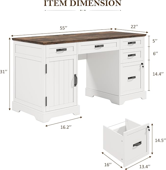 Whalefall 55'' Farmhouse Desk Home Office with Drawers, White | Executive Computer Desk with File Cabinet and Charging Station, Wooden Small Desk with Locking Drawers Storage
