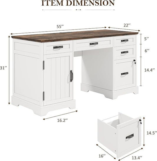 Whalefall 55'' Farmhouse Desk Home Office with Drawers, White | Executive Computer Desk with File Cabinet and Charging Station, Wooden Small Desk with Locking Drawers Storage