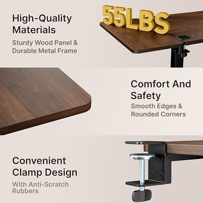 PEGZONE Desk Extender Tray, 24" x 12", with Storage Drawer, Medium, Walnut | Desk Extension, Clamp on Desk Shelf, Clamp On Keyboard Tray for Office and Home, Workstation Organizer