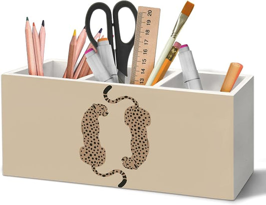 Trendy Retro Leopard Pen Holder Organizer for Desk Accessories, Rustic Neutral Cheetah Wild Animals Wooden Box Sign Desk Decorations for School Girly Room Dorm Decor