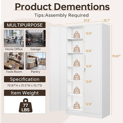 71"H Metal Storage Cabinet with Lock, White Garage Cabinets with 2 Doors and 5 Adjustable Shelves, Steel Locking Caninets Tall Tool Utility Caninet, Lockable File Cabnet for Home Office, Pantry