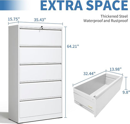 5 Drawer Metal Office Storage Filing Cabinet with Lock, White Lateral File Cabinet for Home Office, Horizontal Locking for Legal/Letter/A4, Assembly Required