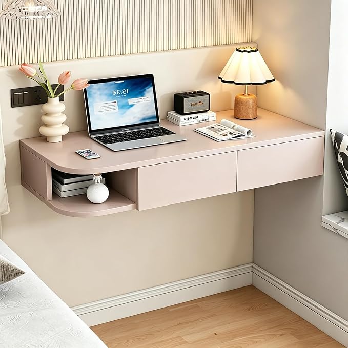 Corner Floating Desk with Drawer, Wall Mounted Desk with Open Shelving, Floating Makeup Vanity with Storage, Scratch-Resistant, Space Saving, for Bedroom Living Room Small Spaces Apartment