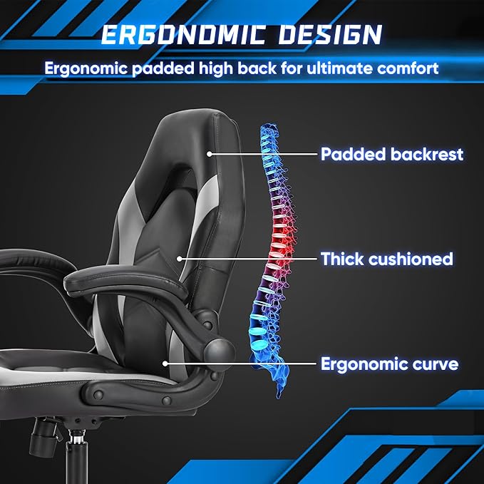 OLIXIS Computer Gaming Desk Chair - Ergonomic Video Game with Comfy Lumbar Support and headrest, PU Leather with Flip-up Arms, Adjustable Height and Swivel Wheels, for Adults, Black and Grey