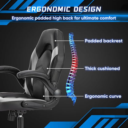 NEWBULIG Computer Gaming Desk Chair - Big Tall Ergonomic Lumbar Support with Flip-up Armrest and 360° Swivel Wheels, PU Leather Height Adjustable, for Home and Office, Grey