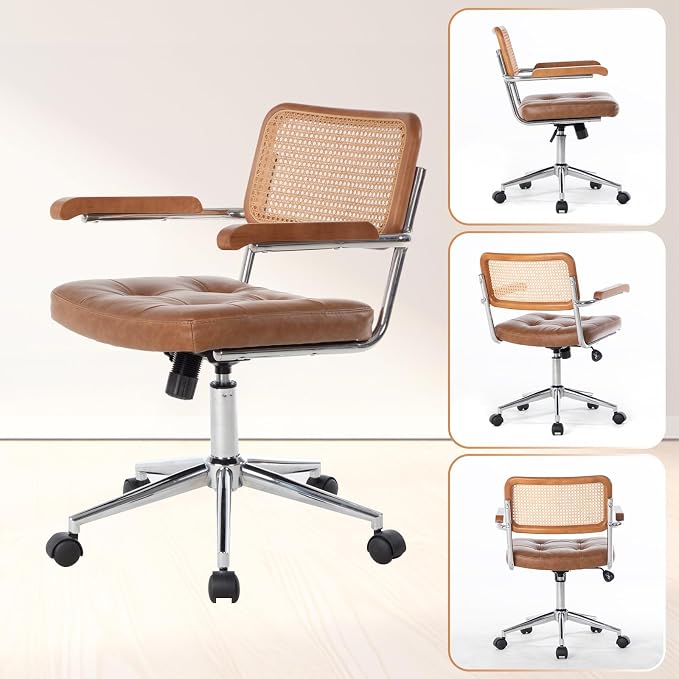 Rattan Office Chairs, Modern Desk Chair with Natural Rattan Back & Wood Armrest, Small Upholstered Tufted Leather Home Office Desk Chairs for Home Ofice, Bedroom, Study (Brown, Genuine leather)