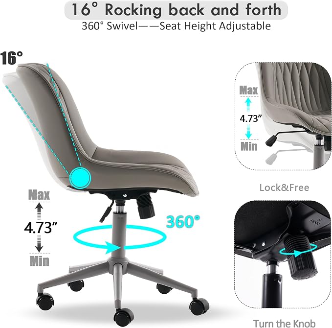 YOUNIKE Grey Faux Leather Ergonomic Office Chair Armless Comfy Desk Chair with Rocking Back Cute Swivel Vanity Chair with Wheels Height Adjustable Small Computer Task Chair for Sewing Drafting