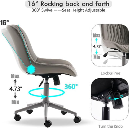 YOUNIKE Grey Faux Leather Ergonomic Office Chair Armless Comfy Desk Chair with Rocking Back Cute Swivel Vanity Chair with Wheels Height Adjustable Small Computer Task Chair for Sewing Drafting