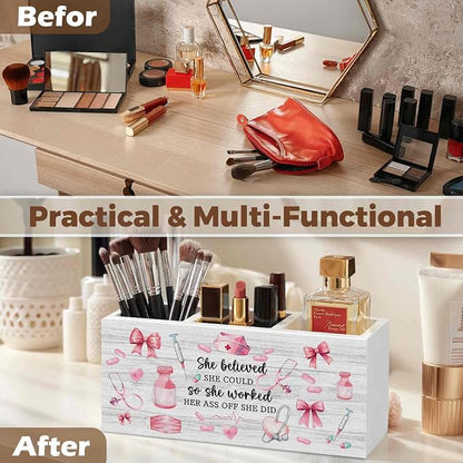 Pink Nurse Office Pencil Pen Holder for Desk Organizer, Nurse Appreciation Gifts, Nursing Week Gifts, Nurses Gift for Women Wooden Box Decorations for Office Desk Tabletop Decor