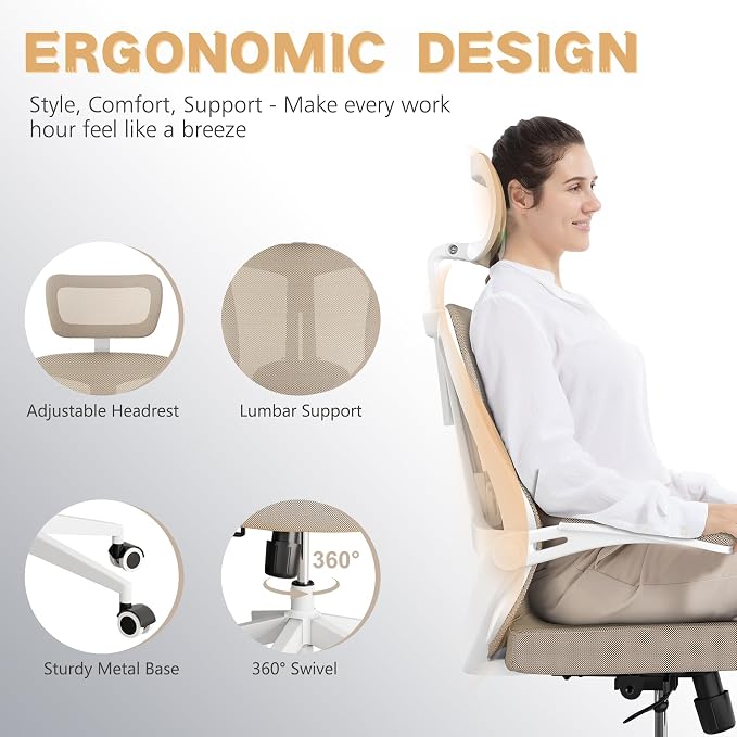 Ergonomic Office Chair - 350LB Comfy Desk Chairs with Adjustable Headrest and Lumbar Back Support, Mesh Computer Chairs with Wheels and Arms for Home Office, Study (Khaki-with Headrest)