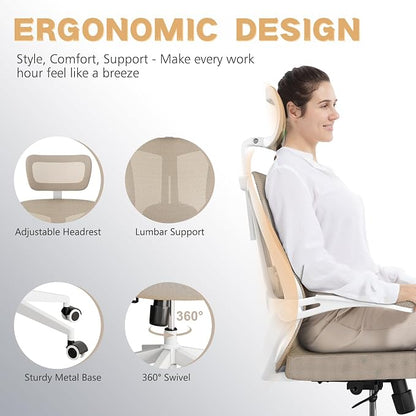 Ergonomic Office Chair - 350LB Comfy Desk Chairs with Adjustable Headrest and Lumbar Back Support, Mesh Computer Chairs with Wheels and Arms for Home Office, Study (Khaki-with Headrest)