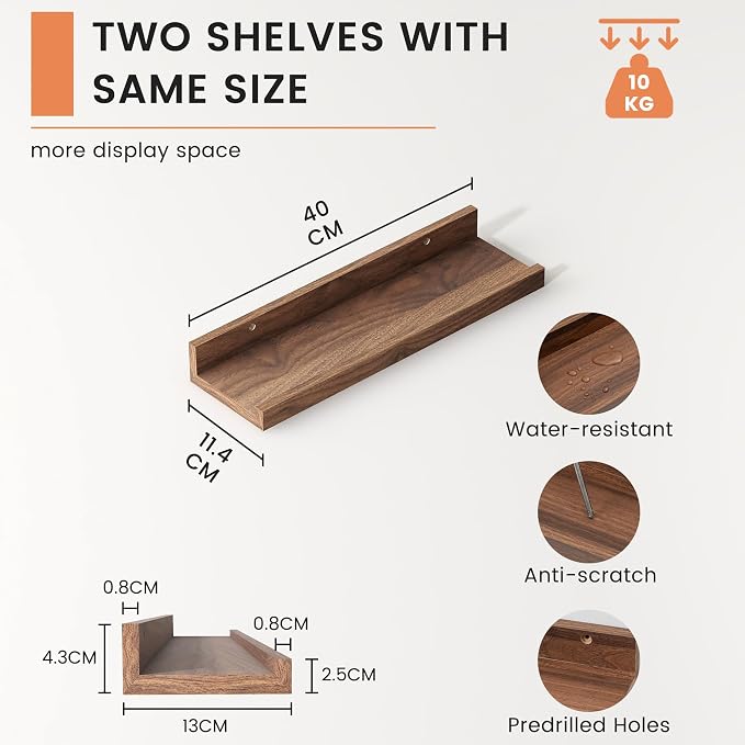 FLYJOE Picture Ledge Shelf, Floating Shelves Set of 2, 16 Inches Nursery Book Shelves for Toys Storage, Kids Bookshelf Wall Mounted for Living Room Bedroom Decor Books Photo Frames, Walnut