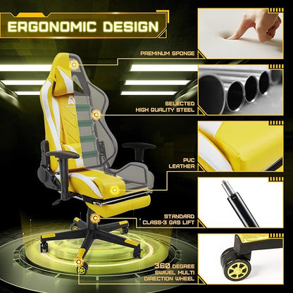 AA Products Gaming Chair - High Back Ergonomic Racing Chair with Footrest, Lumbar Support & Swivel - YellowWhite