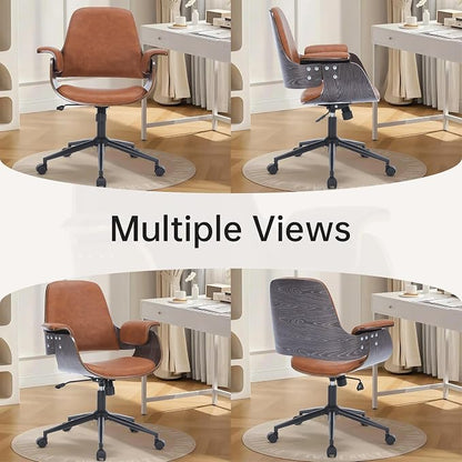 Mid Century Modern Home Office Chair,Ergonomic U-Shape Mid Back Executive Chair,Adjustable Height Swivel Computer Chair with Walnut Finish&PU Leather,Accent Chairs for Study Bedroom Workspace(Brown)