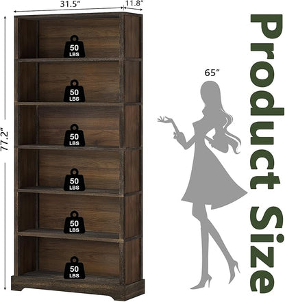TVU 6-Tier Wooden Book Shelf, Floor-Standing Display Bookcase, 77.2" H x 31.5" W x 11" D Bookshelf, Farmhouse Style Book Case with Arched Base, Suitable for Living Room, Study, Office, Walnut