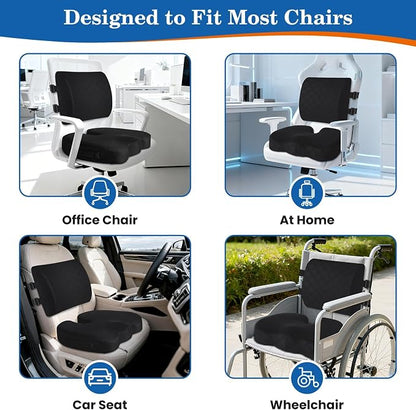 TushGuard Back&Seat Cushion, Car Seat Office Chair Cushions, Memory Foam Lumbar Back Support Pillow, Portable Airplane Seat Cushion for Travel, Computer Desk, Wheelchair, Driving (Black, X-Large)
