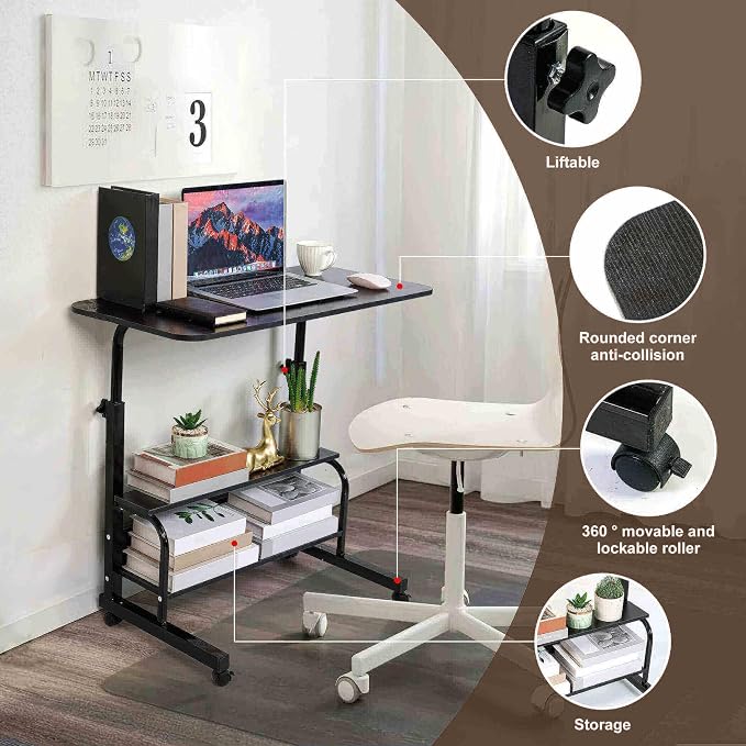 Adjustable Height Mobile Computer Desk for Small Space Rolling Table with Wheels Desk Home Office Study Desk Portable for Bedrooms Work Size 31.5x15.7 Inch Black with Storage Gaming Table B