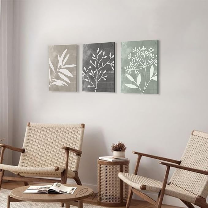 Vintage Botanical Wall Art Set of 3 Prints,Boho Framed Canvas Wall Art,Minimalist Floral Art Boho Wall Decor Living Room,Sage Green Grey Beige Netural Plant Wall Paintings for Bedroom Bathroom Decor,12"x16"