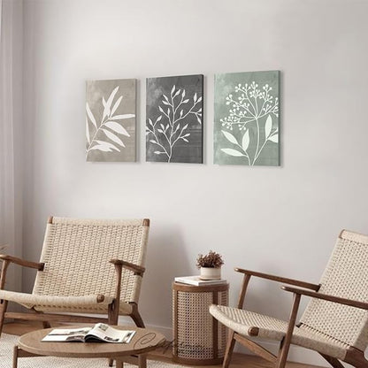 Vintage Botanical Wall Art Set of 3 Prints,Boho Framed Canvas Wall Art,Minimalist Floral Art Boho Wall Decor Living Room,Sage Green Grey Beige Netural Plant Wall Paintings for Bedroom Bathroom Decor,12"x16"