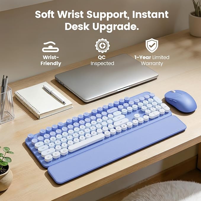 Wireless Keyboard and Mouse Combo, Magnetic Soft-Touch Wrist Rest, Round Keycaps, Full-Size Retro Typewriter Style Keyboard, 2-Stage Tilt Legs, Auto Sleep, 2.4GHz Cordless for Windows PC, Purple Ombre