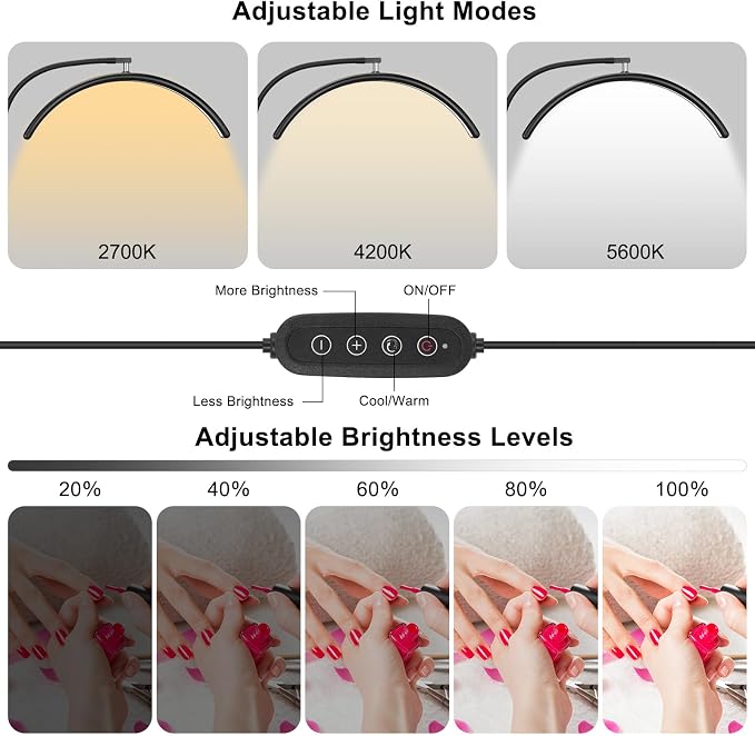 Professional Half Moon LED Desk Light for Nail Techs & Artists – Flexible Gooseneck Arch Table Lamp with Clamp, 5 Color Modes & 5 Brightness Levels for Manicure, Tattoo, Beauty Work
