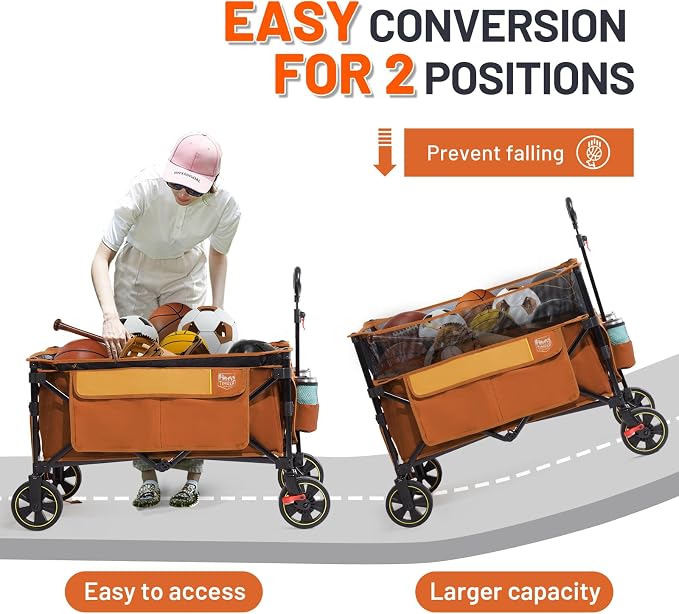 Timber Ridge Collapsible Folding Wagon 350L Extra Large with Brake, Heavy Duty Camping Utility Cart Outdoor, Extended Height Adjustable Handle, Cup Holders, Side Bag, Orange