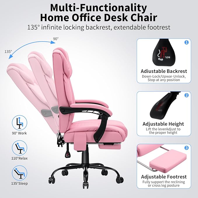 HOFFREE Massage Office Chair with Heat 7 Points Vibration Ergonomic Executive Office Chair with Footrest Reclining High Back Home Office Desk Chairs Light Pink