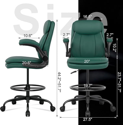 Misolant Drafting Chair, Tall Office Chair for Standing Desk, High Leather Executive Office Chair with Adjustable Height and Flip-up Armrest for Counter Height Desk Green