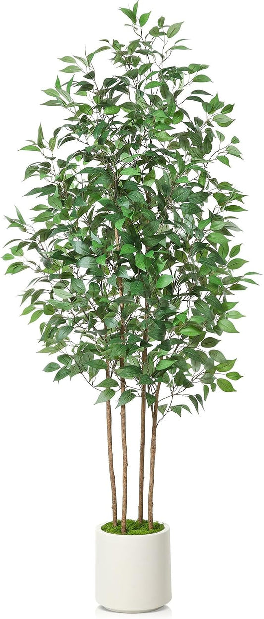 SOGUYI Ficus Artificial Tree 7ft Fake Silk Plant for Home Decor Indoor, Faux Tree in White Imitation Ceramic Planter Fake Floor Plant for Living Room and Home Office Corner Indoor Decor, Set of 1